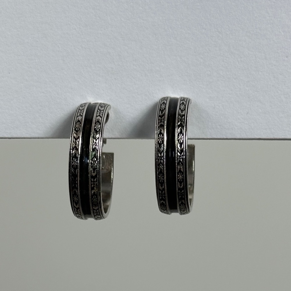 Vintage L.H. Segal Silver Black‎ Etched Clip On Hoop Earrings